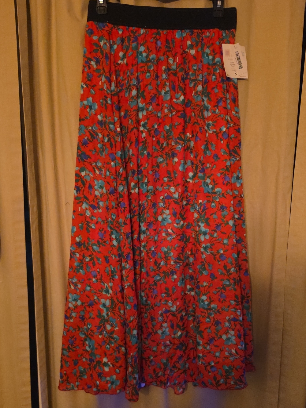 LuLaRoe Red Floral Lucy Maxi Skirt with Teal Accents